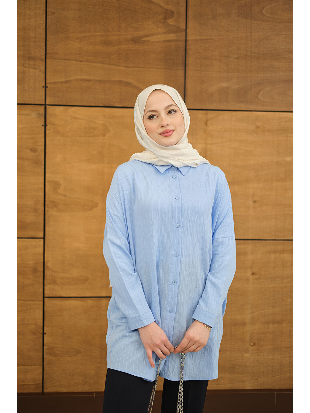 Kadın Kendinden Desenli Mila Gömlek Mavi-2