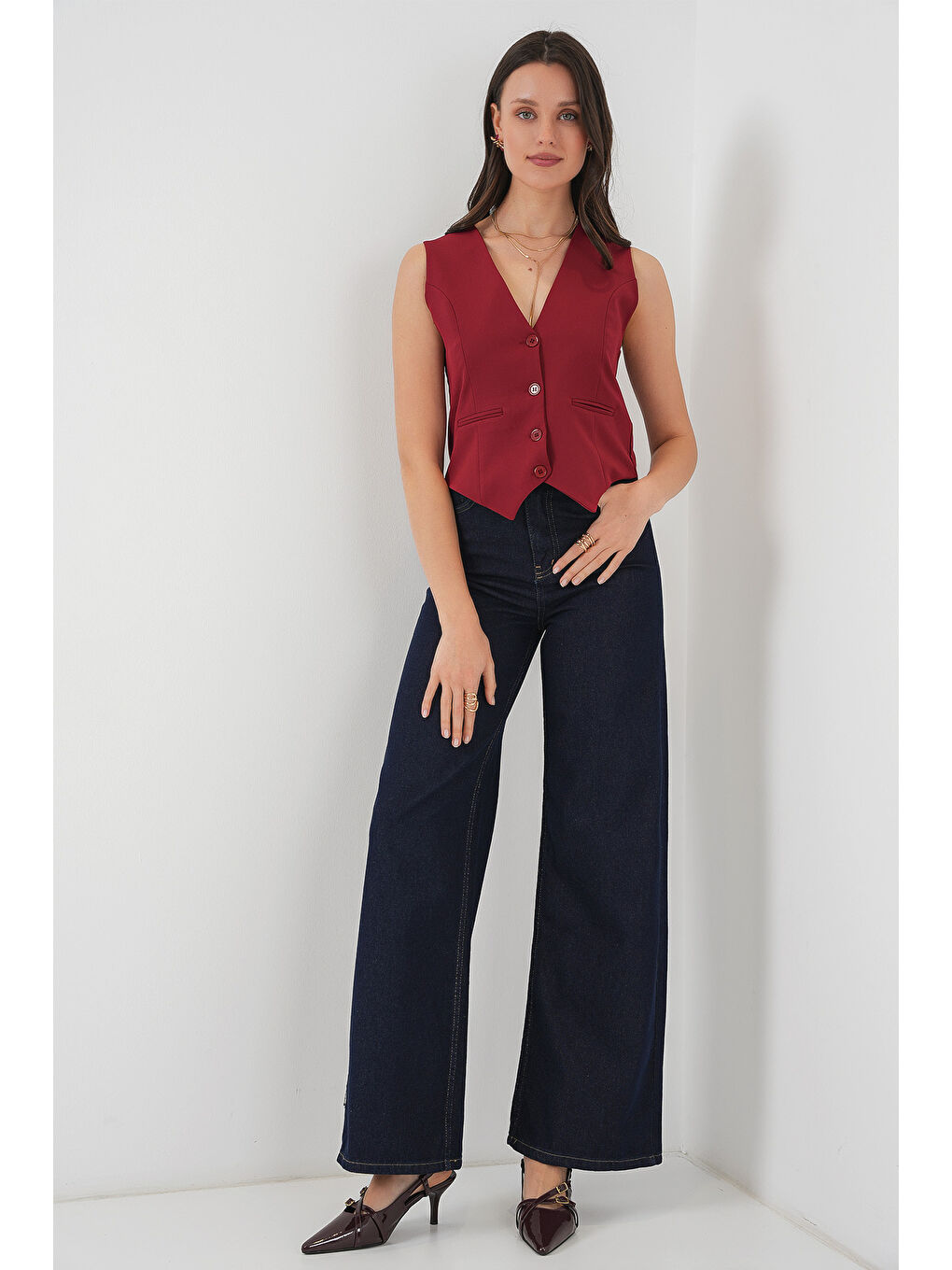 6796 Kısa Dokuma Yelek - Bordo-1