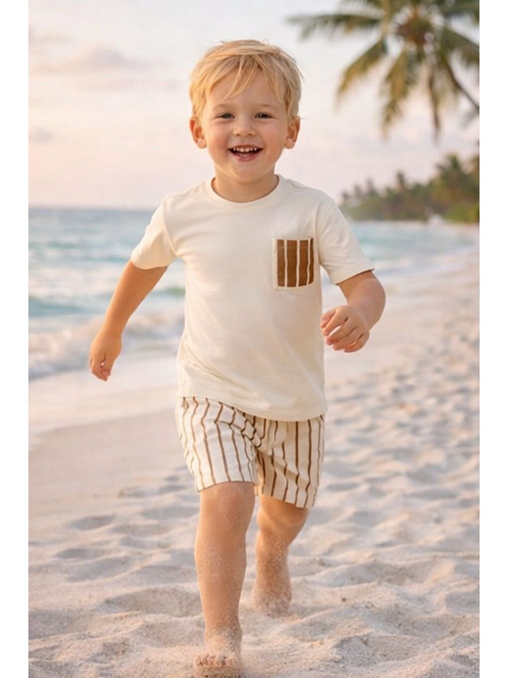 Ekru Erkek Çocuk Pamuklu Baskılı Cep Detaylı T-Shirt Ve Şort 2'Li Takım-3