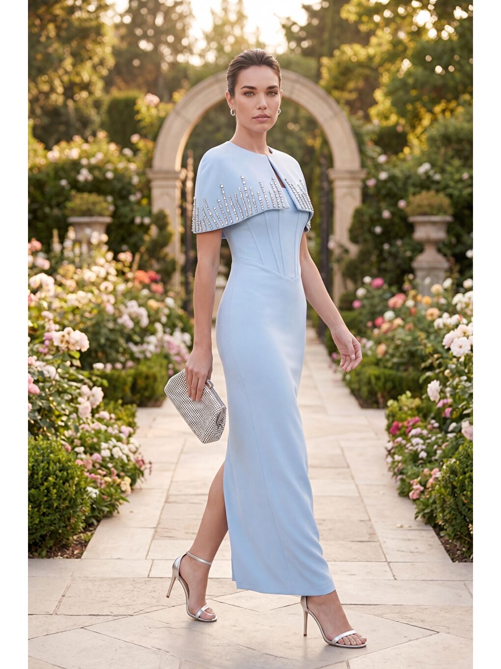 Kadın Bebe Mavi Dar Kalıp Ceketli Taşlı Uzun Söz Nişan Nikah Abiye Elbise-4