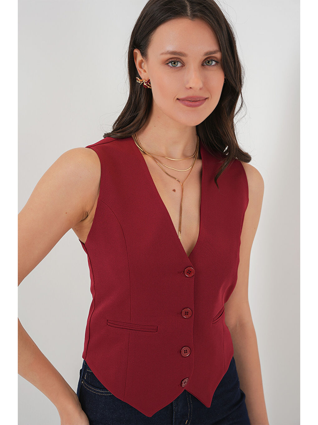 6796 Kısa Dokuma Yelek - Bordo-2