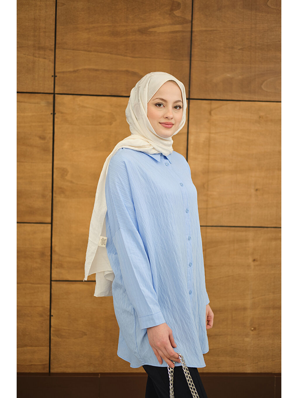 Kadın Kendinden Desenli Mila Gömlek Mavi-3