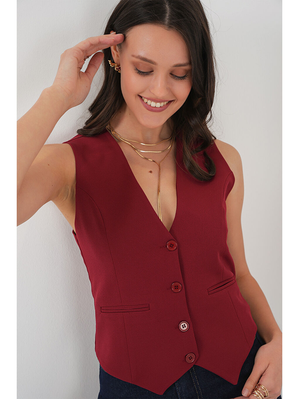 6796 Kısa Dokuma Yelek - Bordo-3