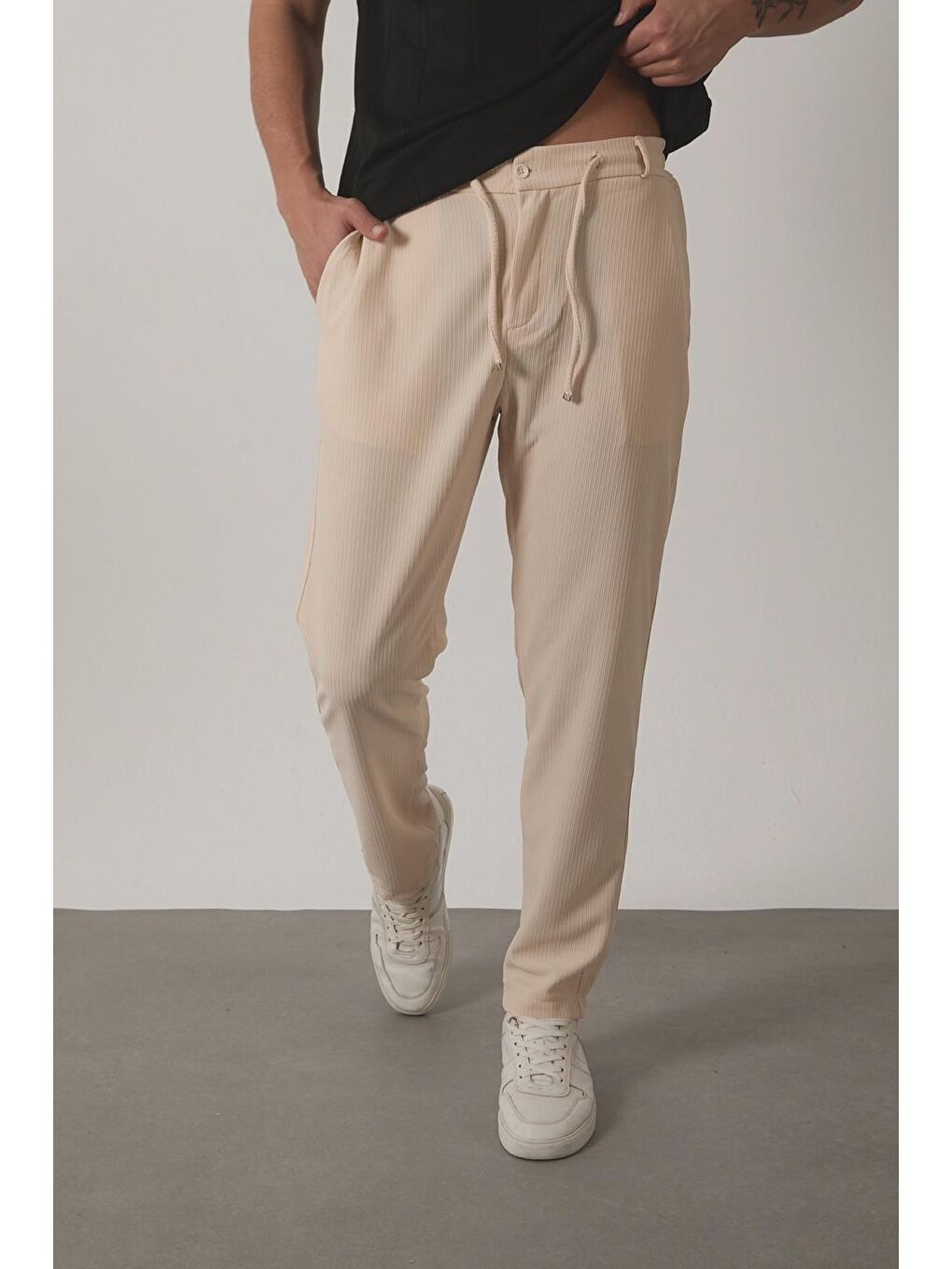 Ekru Durry Slim Fit Çizgi Desenli Beli Lastikli Erkek Jogger Pantolon