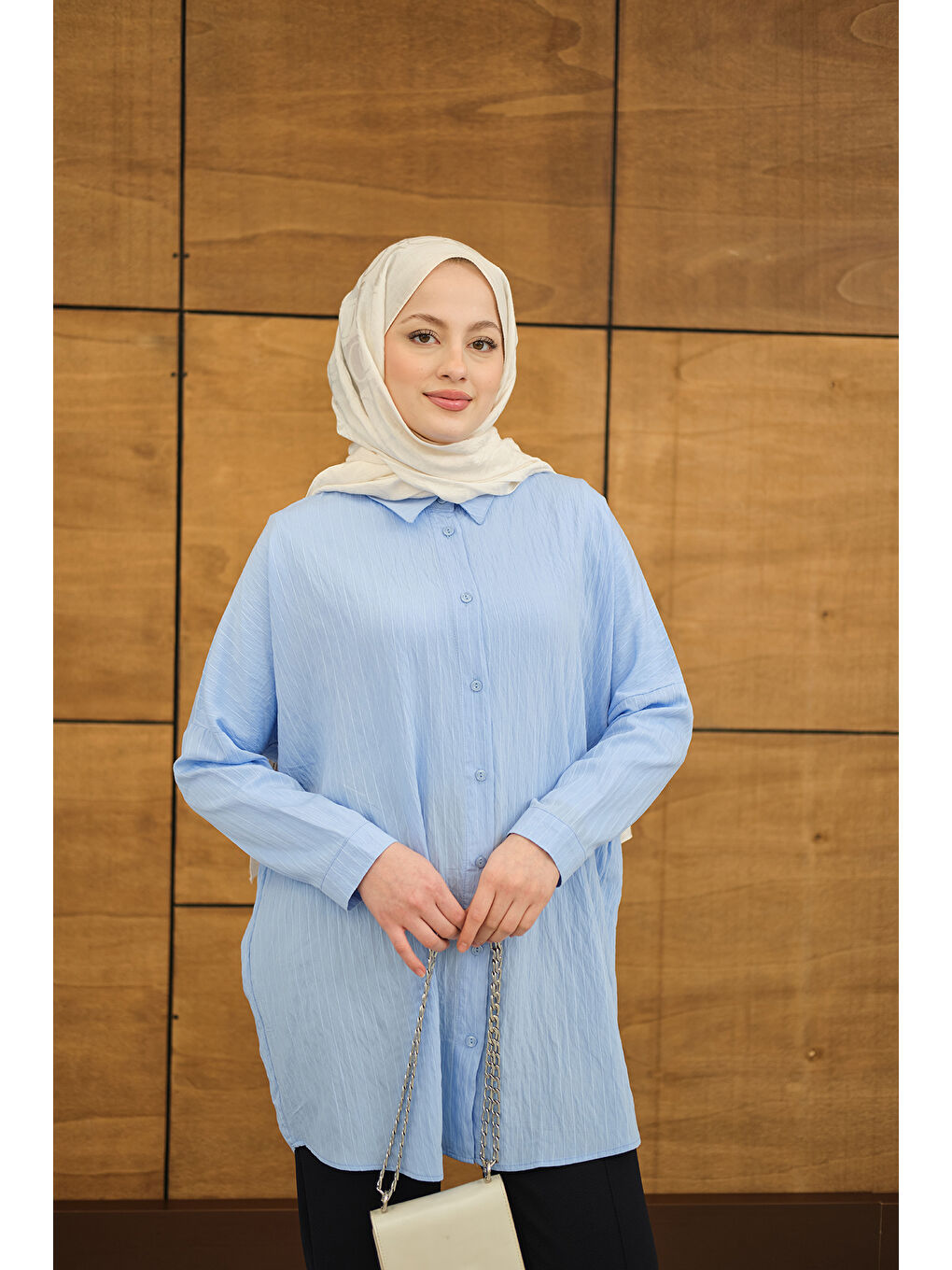 Kadın Kendinden Desenli Mila Gömlek Mavi-4