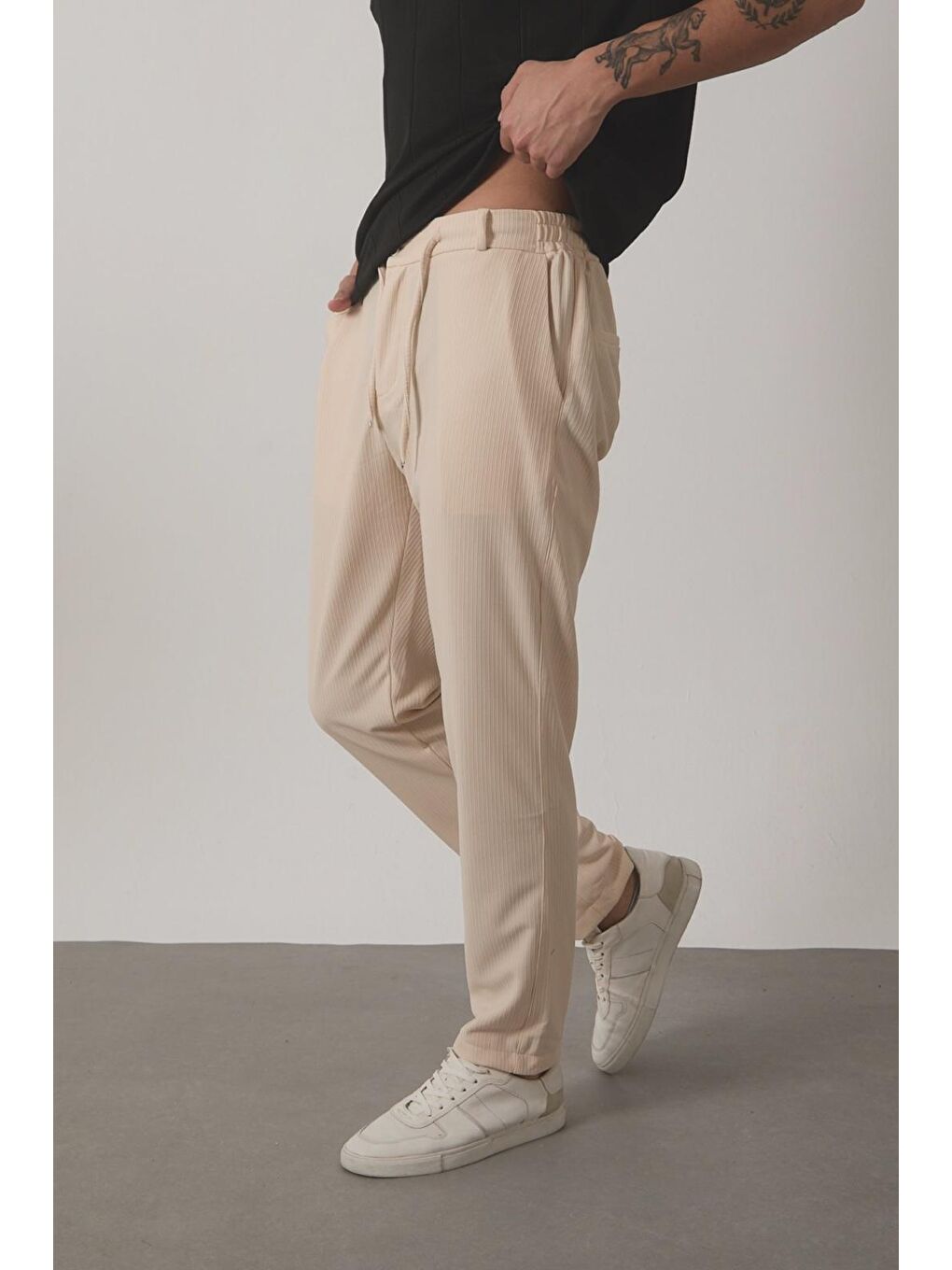 Ekru Durry Slim Fit Çizgi Desenli Beli Lastikli Erkek Jogger Pantolon-2