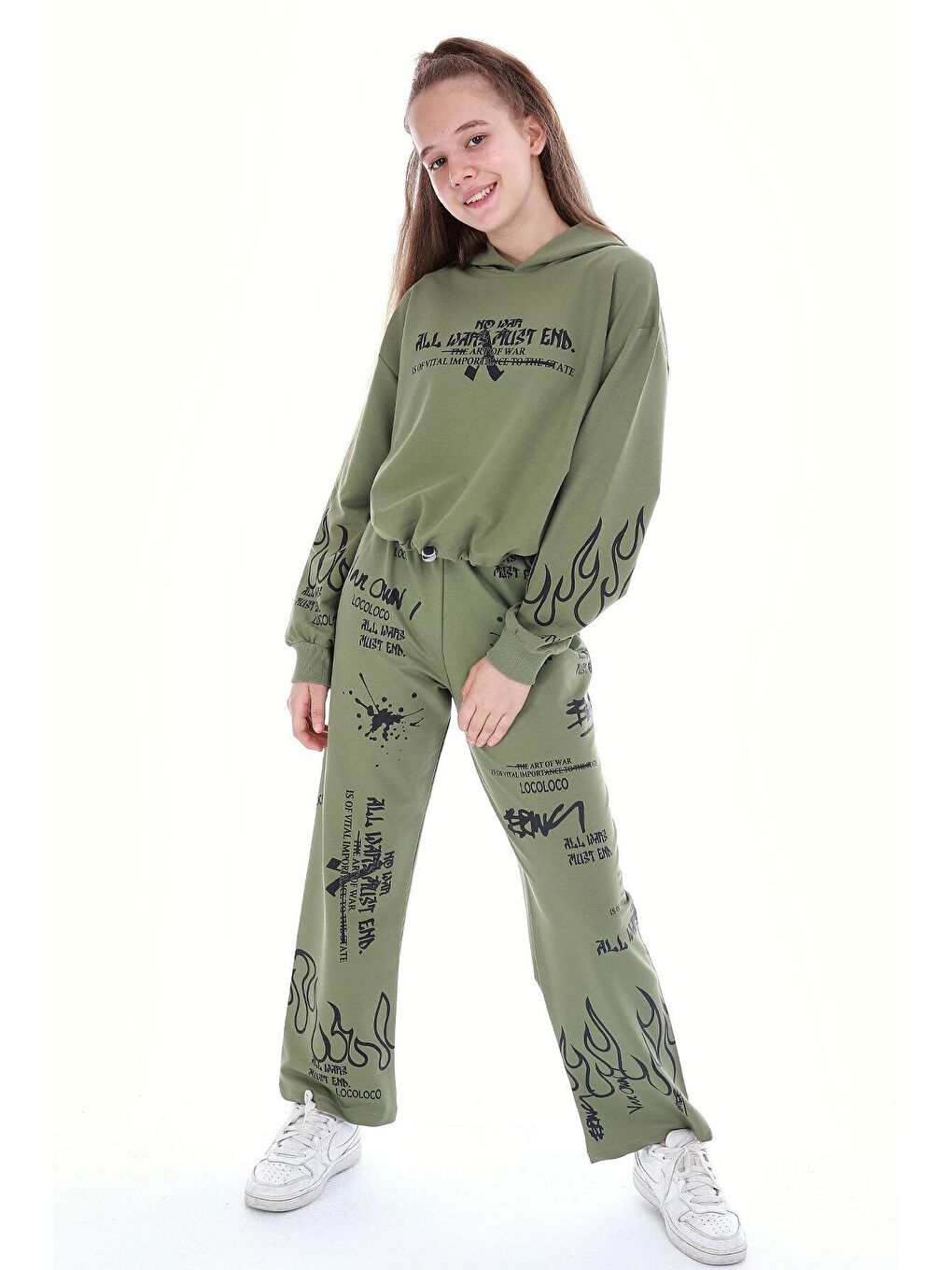 Haki Kız Çocuk Yazı Baskılı Detaylı 2'li Eşofman Takımı 14123