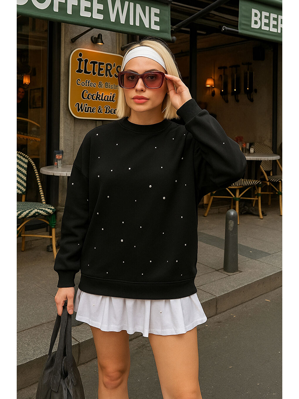 Siyah Taşlı Pamuklu Regular Fit Bisiklet Yaka Sweat 25K0099K1-2