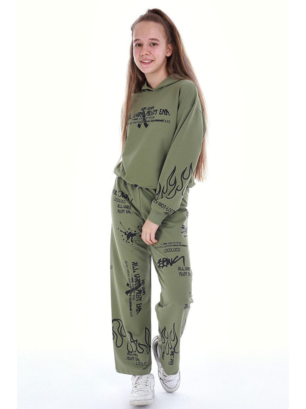 Haki Kız Çocuk Yazı Baskılı Detaylı 2'li Eşofman Takımı 14123-1