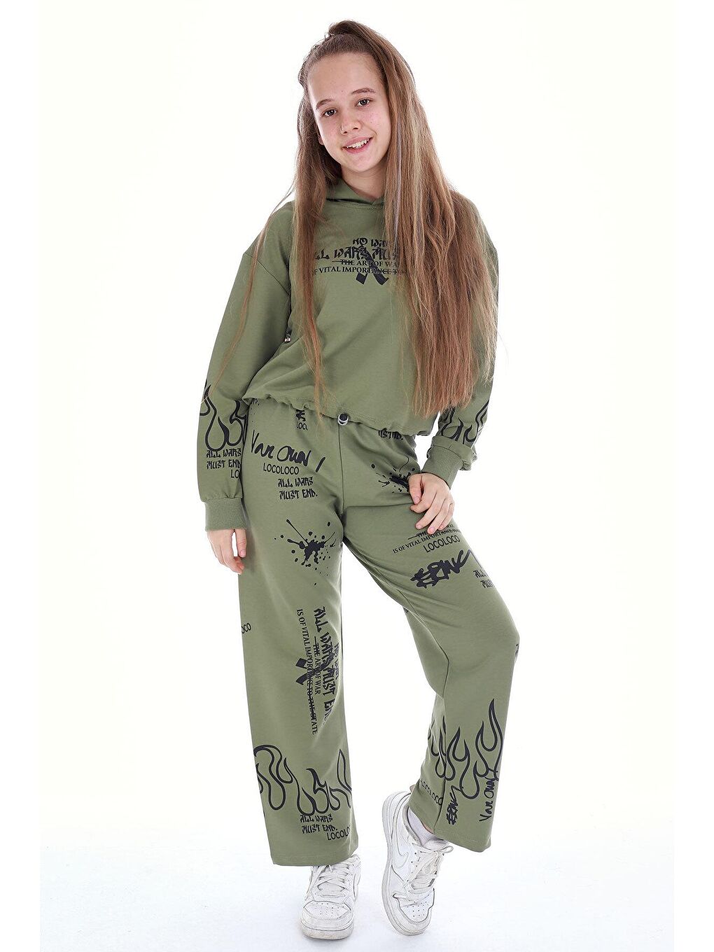 Haki Kız Çocuk Yazı Baskılı Detaylı 2'li Eşofman Takımı 14123-2
