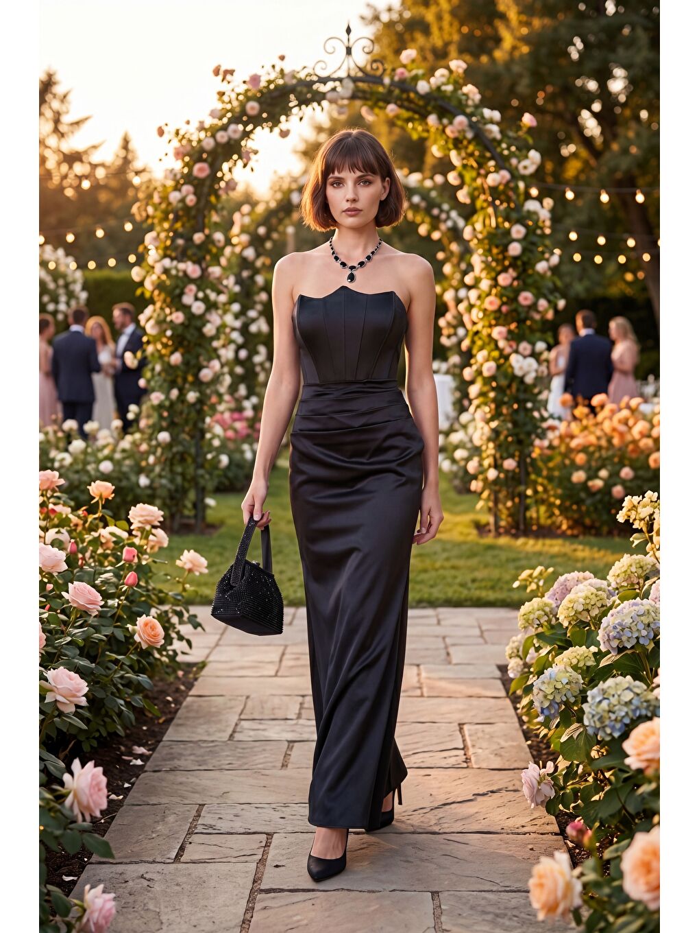 Kadın Siyah Dar Kalıp Straplez Yaka Beli Drapeli Saten Abiye Elbise-4