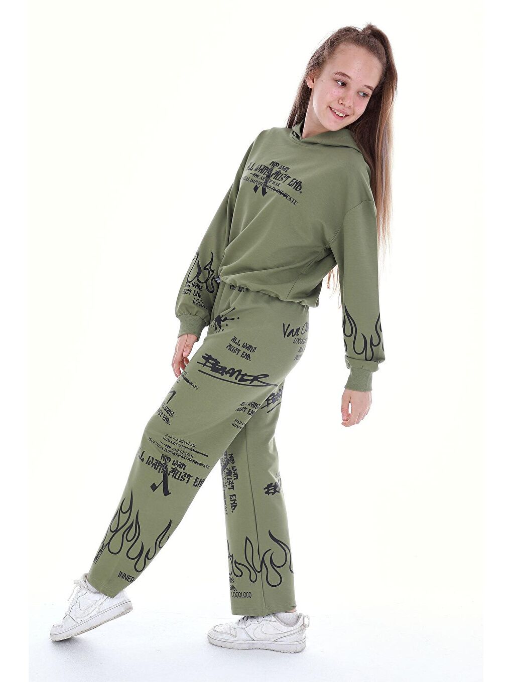 Haki Kız Çocuk Yazı Baskılı Detaylı 2'li Eşofman Takımı 14123-3