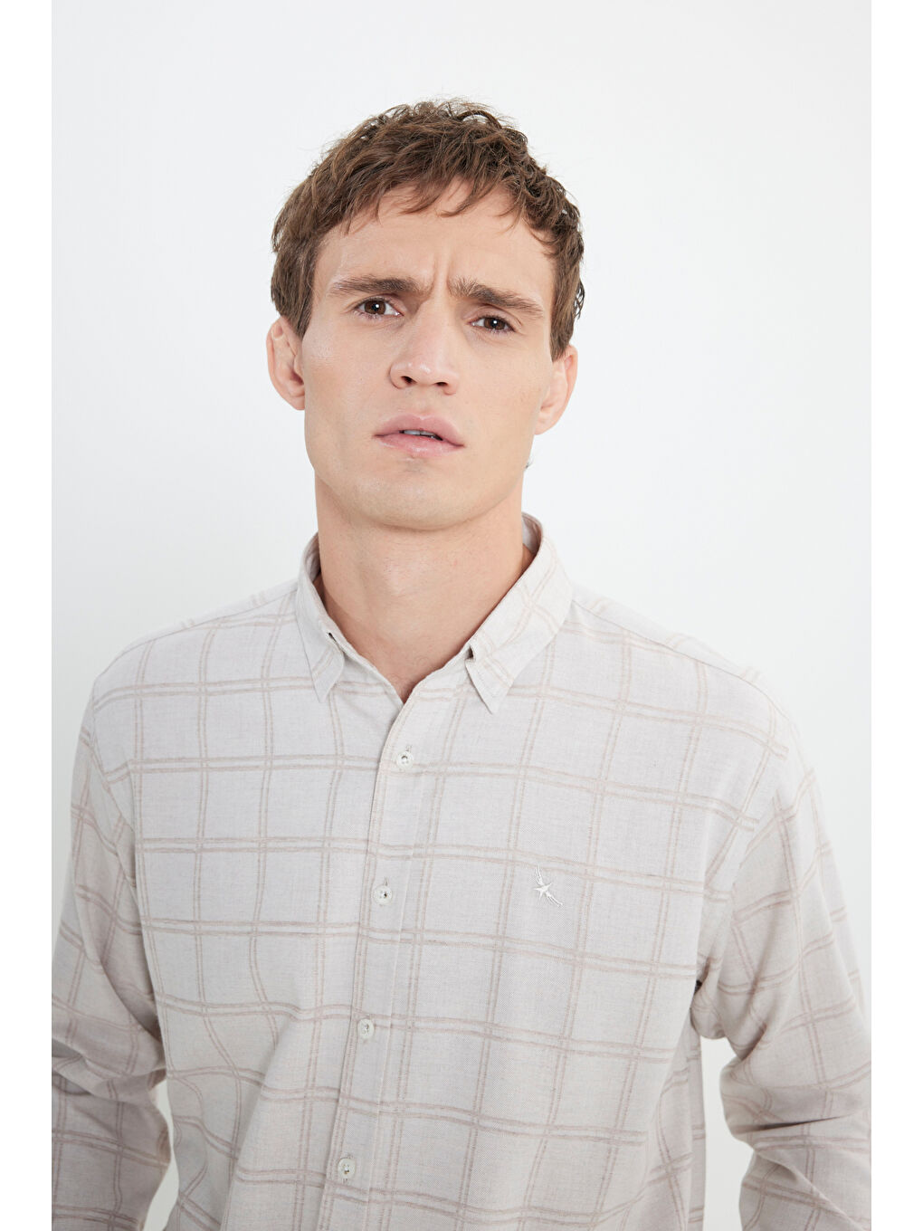 Kahverengi Erkek BEJ ACIK KAHVE Oxford Regular Fit Rahat Kesim Gizli Düğmeli Yaka Kareli Gömlek-3