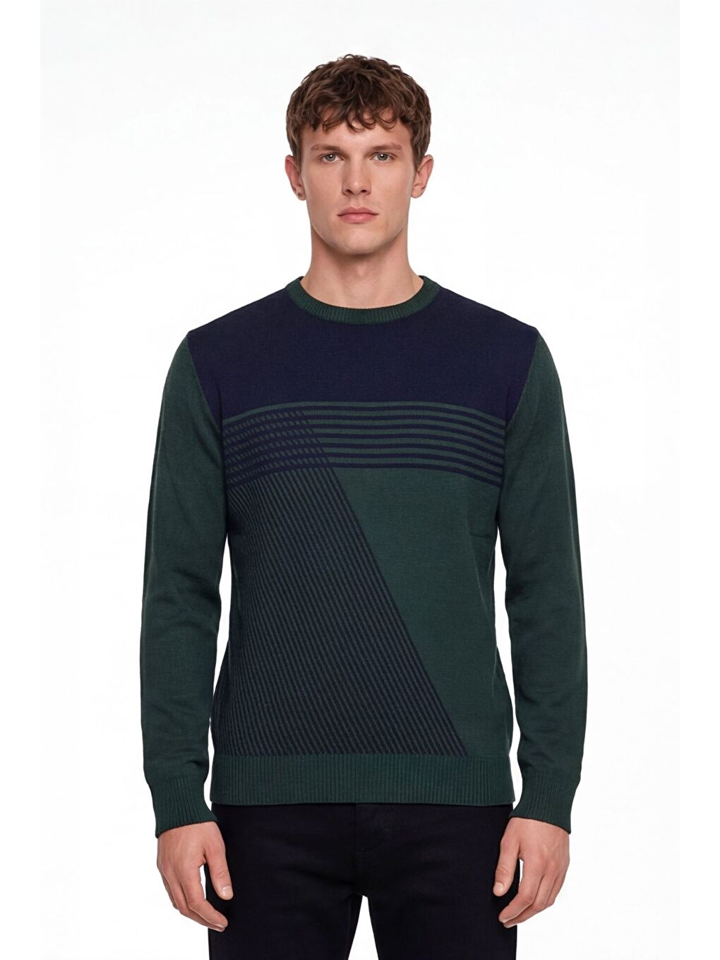 Erkek Yeşil Normal Kesim Regular Fit Yünlü Desenli Bisiklet Yaka Triko Kazak