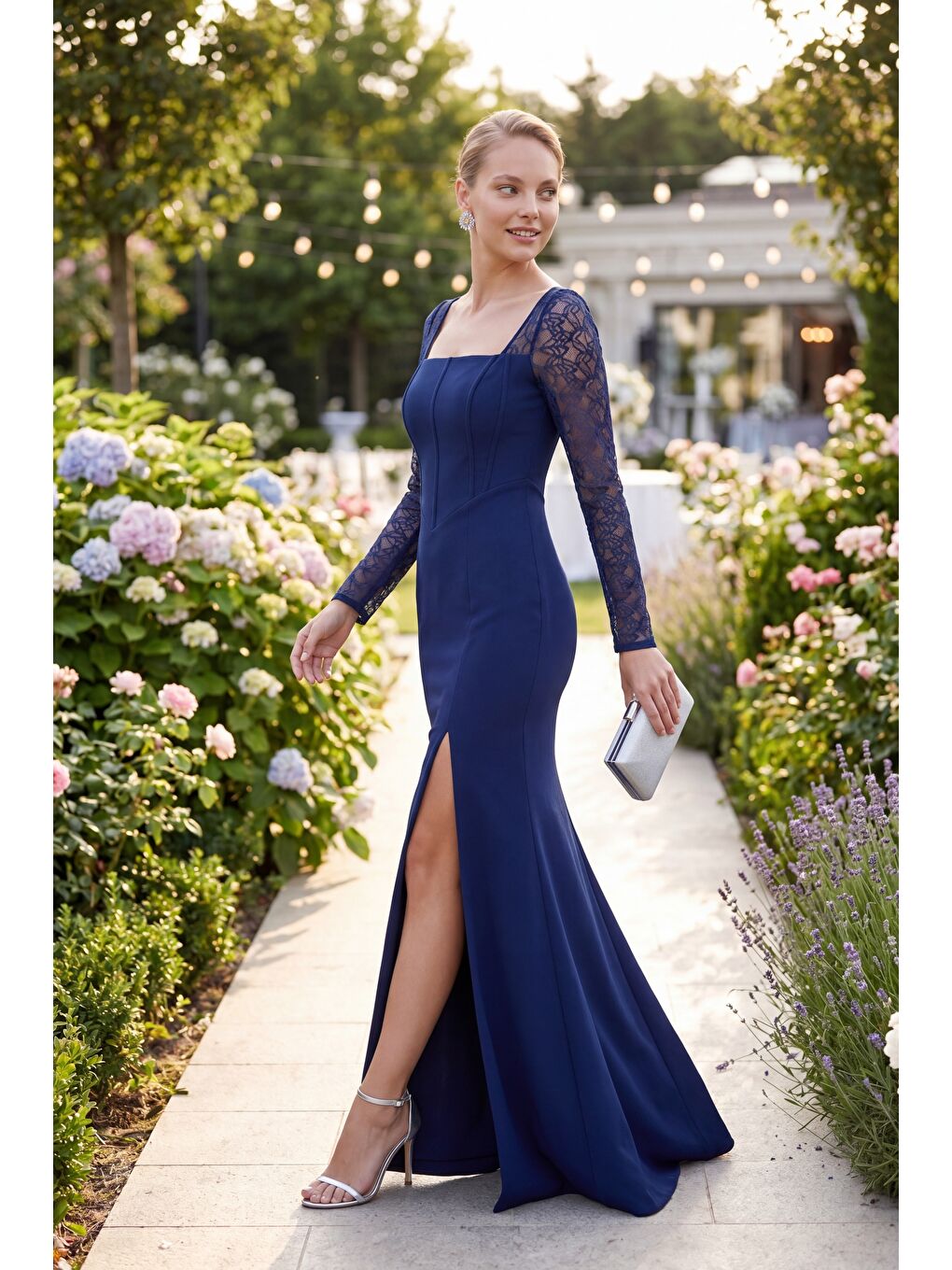 Kadın Lacivert Kare Yaka Dantelli Uzun Balık Abiye Elbise-4