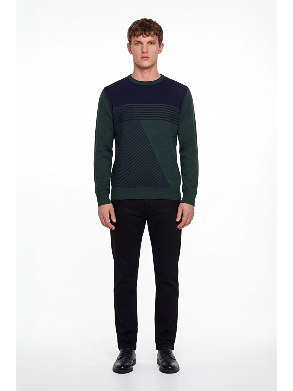 Erkek Yeşil Normal Kesim Regular Fit Yünlü Desenli Bisiklet Yaka Triko Kazak-1