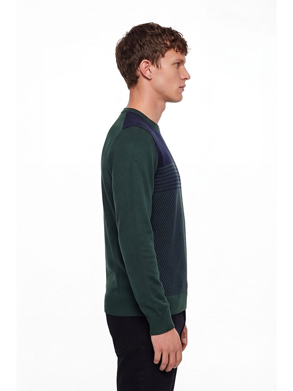 Erkek Yeşil Normal Kesim Regular Fit Yünlü Desenli Bisiklet Yaka Triko Kazak-2