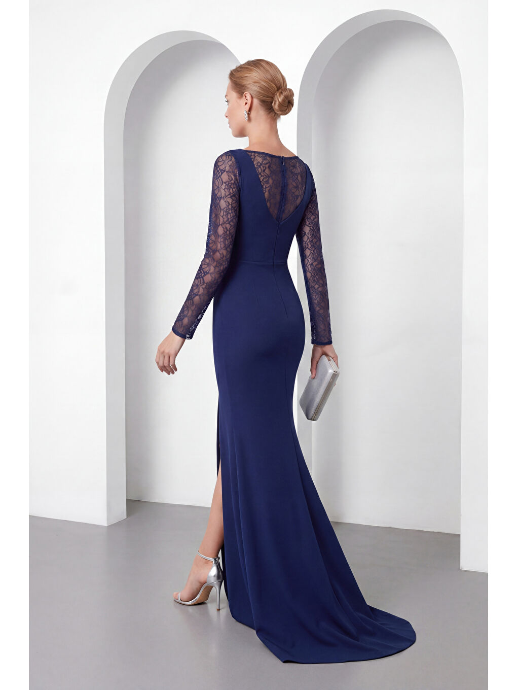 Kadın Lacivert Kare Yaka Dantelli Uzun Balık Abiye Elbise-5