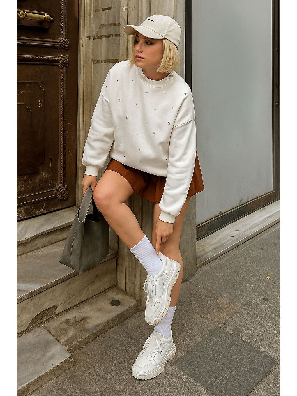 Ekru Taşlı Pamuklu Regular Fit Bisiklet Yaka Sweat 25K0099K1-2