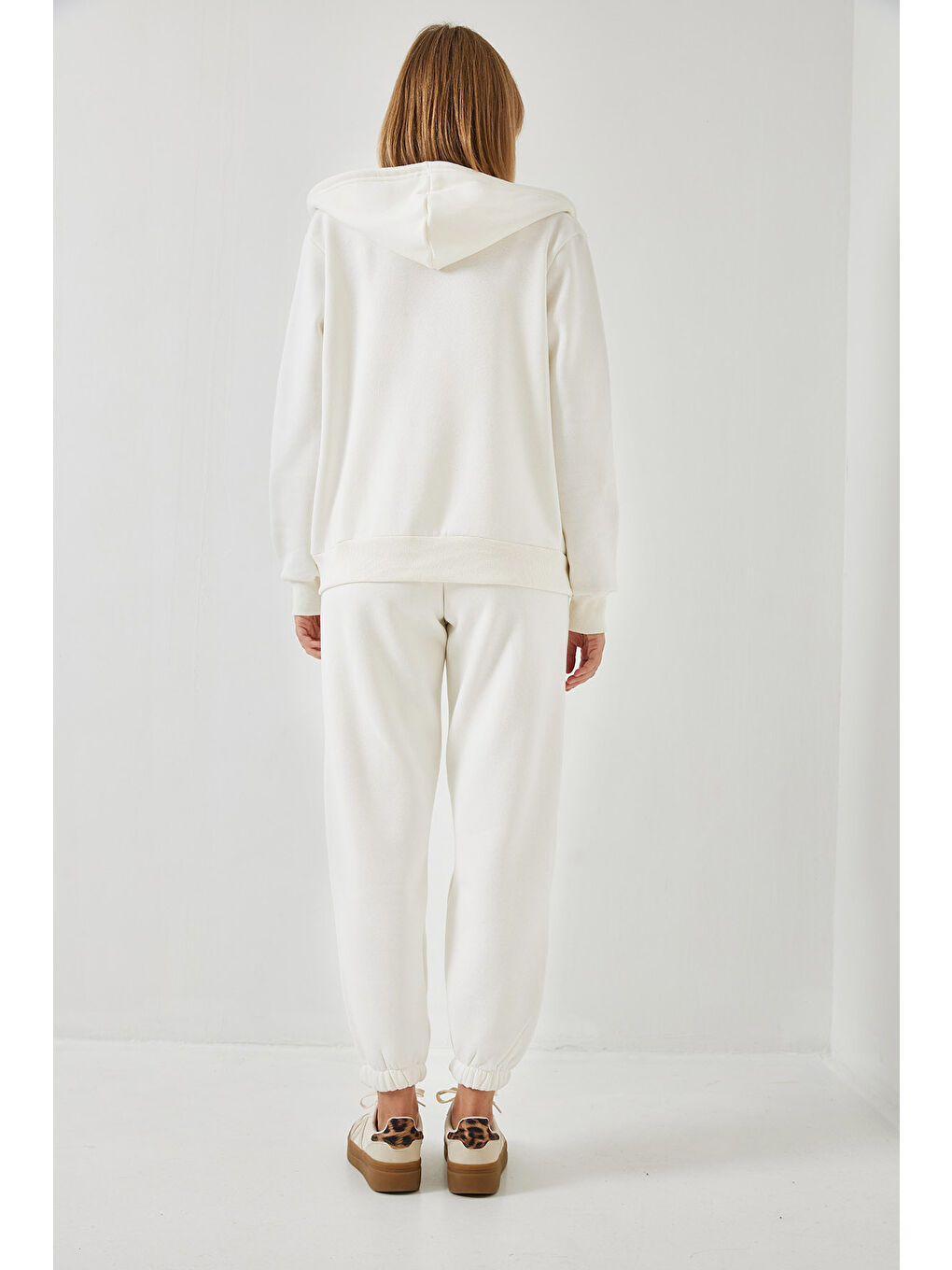 Beyaz Kadın Kanguru Cepli Kapüşonlu Hırka Alt  Üst Takım MBHS-2