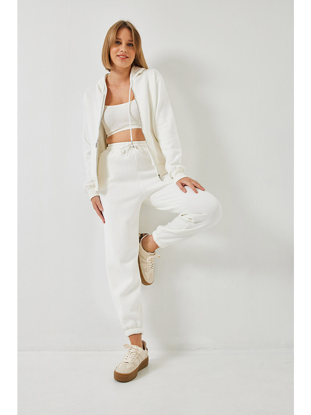 Beyaz Kadın Kanguru Cepli Kapüşonlu Hırka Alt  Üst Takım MBHS-5