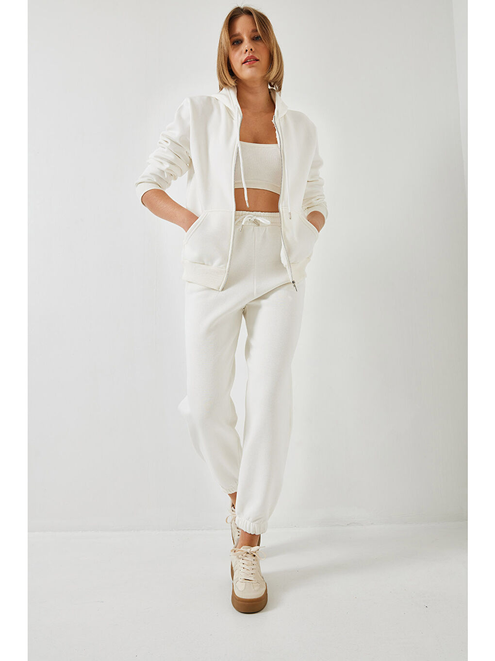 Beyaz Kadın Kanguru Cepli Kapüşonlu Hırka Alt  Üst Takım MBHS-7
