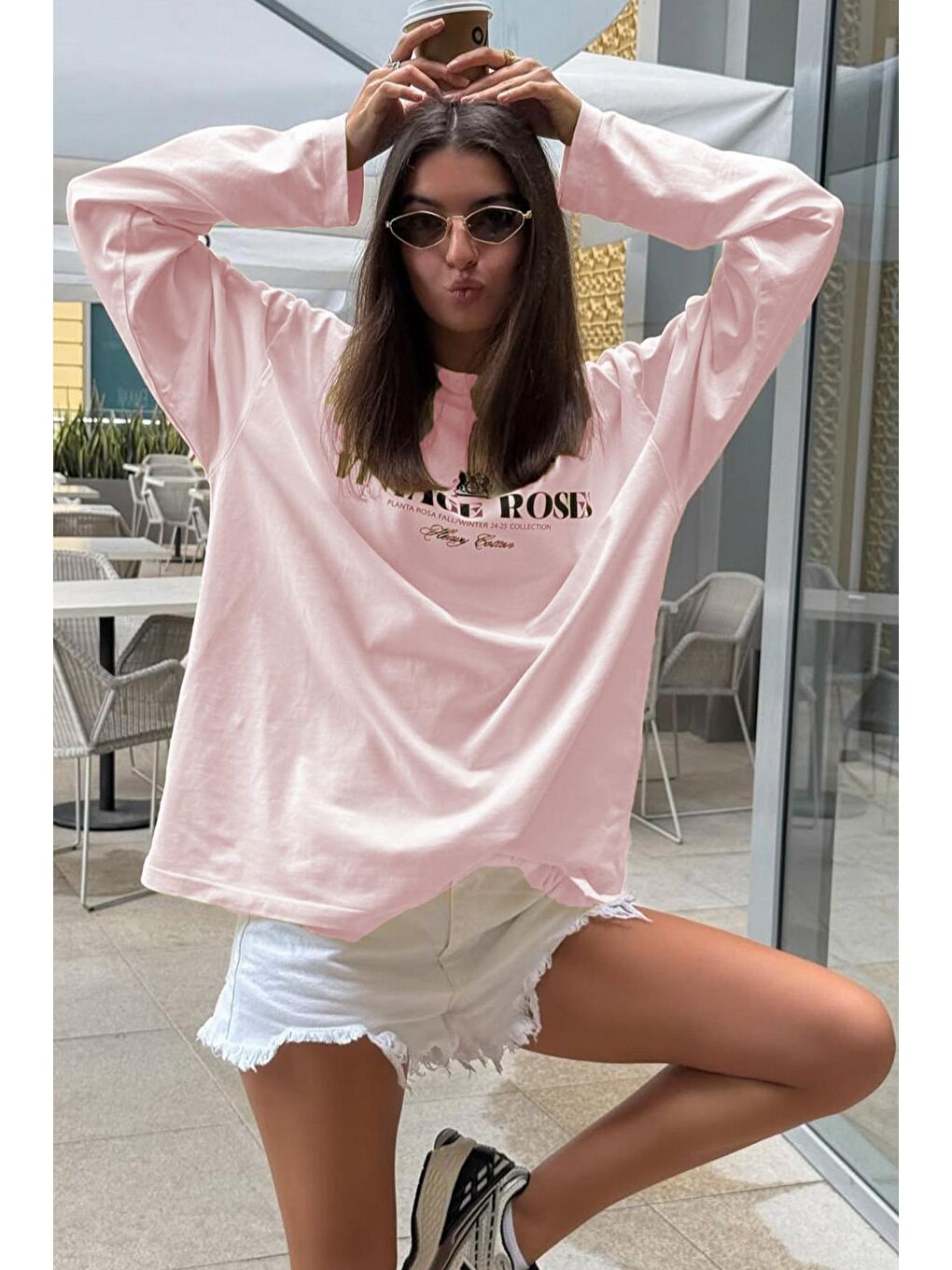 Pembe %100 Pamuklu Baskılı Uzun Kollu Tişört Mg2451-1