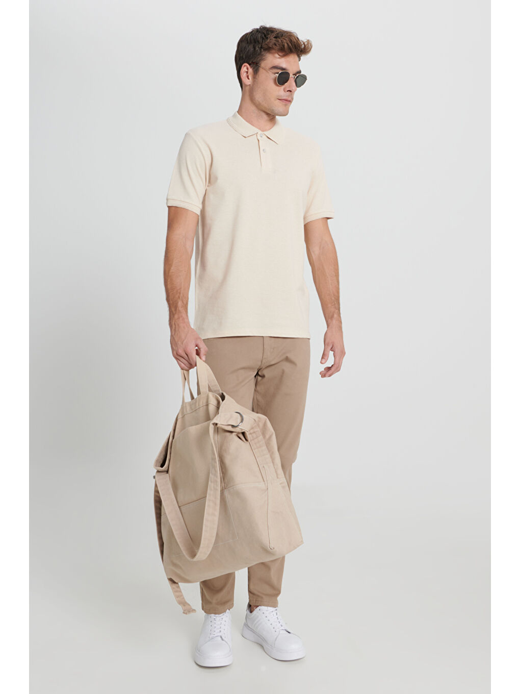 Erkek Bej-Ekru Slim Fit Dar Kesim %100 Pamuk Polo Yaka Tişört-1