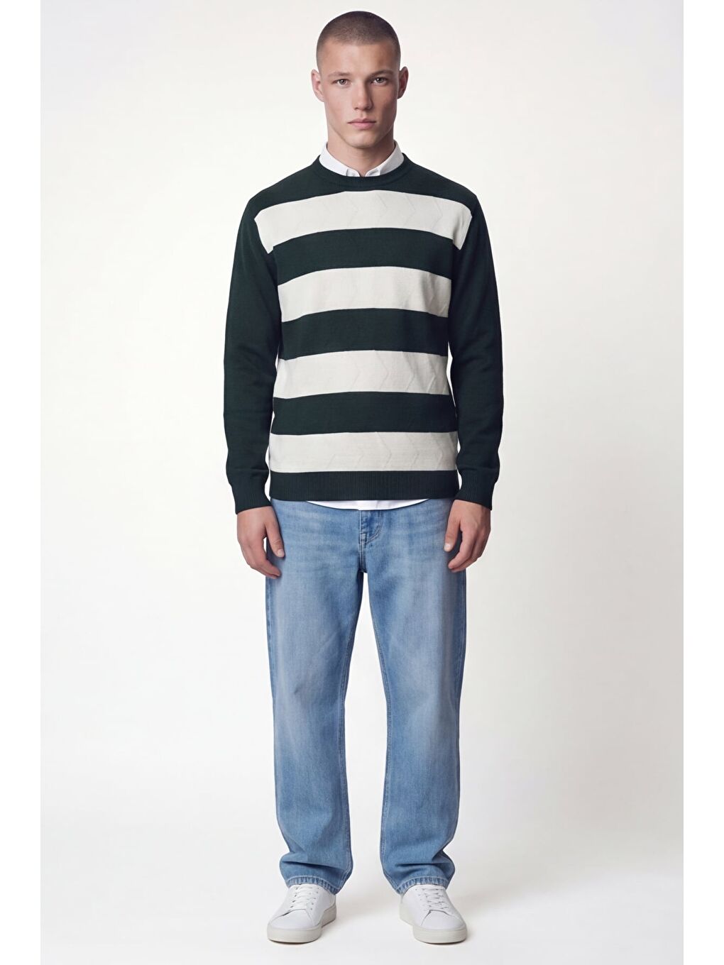 Erkek Yeşil Normal Kesim Regular Fit Yünlü Bisiklet Yaka Minimal Triko Kazak-1