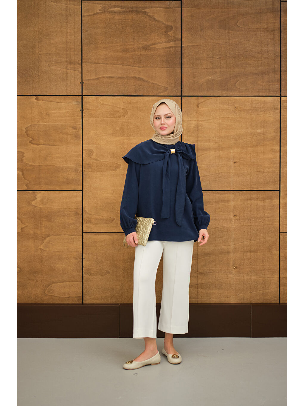 Kadın Fular Yaka Cupra Gömlek Lacivert-2
