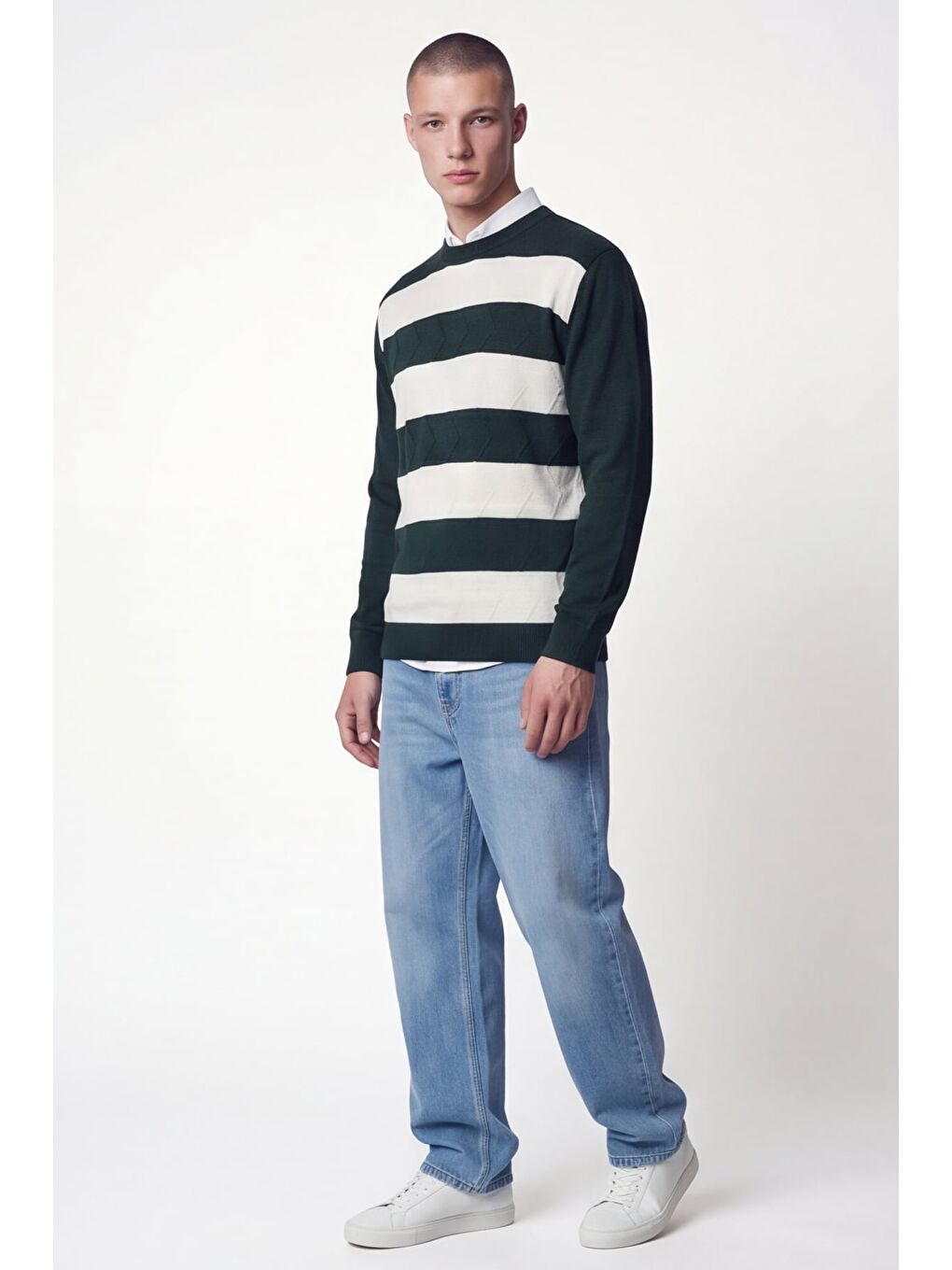 Erkek Yeşil Normal Kesim Regular Fit Yünlü Bisiklet Yaka Minimal Triko Kazak-3