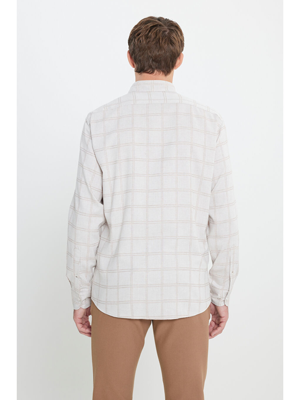 Kahverengi Erkek BEJ ACIK KAHVE Oxford Regular Fit Rahat Kesim Gizli Düğmeli Yaka Kareli Gömlek-5