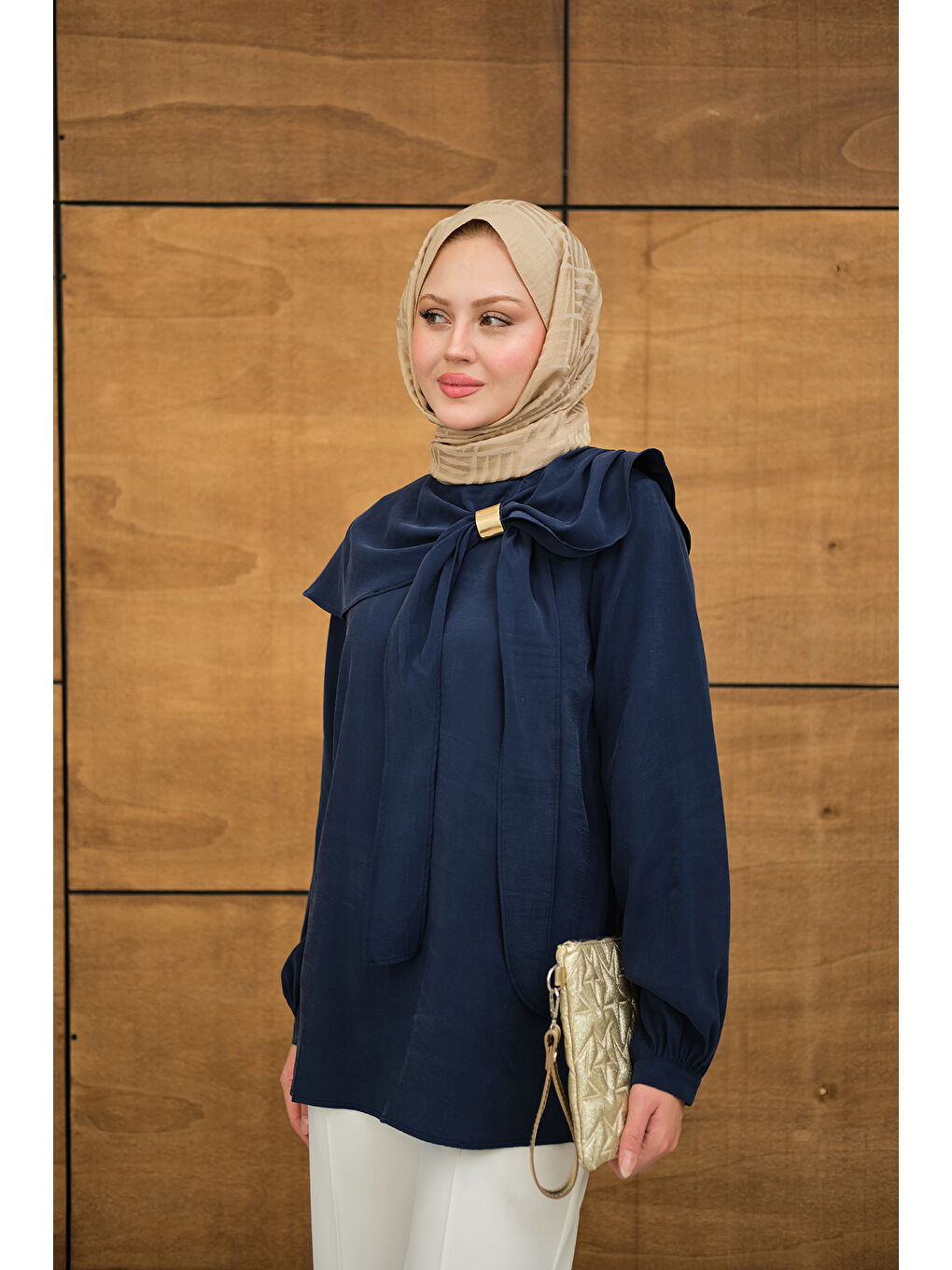 Kadın Fular Yaka Cupra Gömlek Lacivert-4