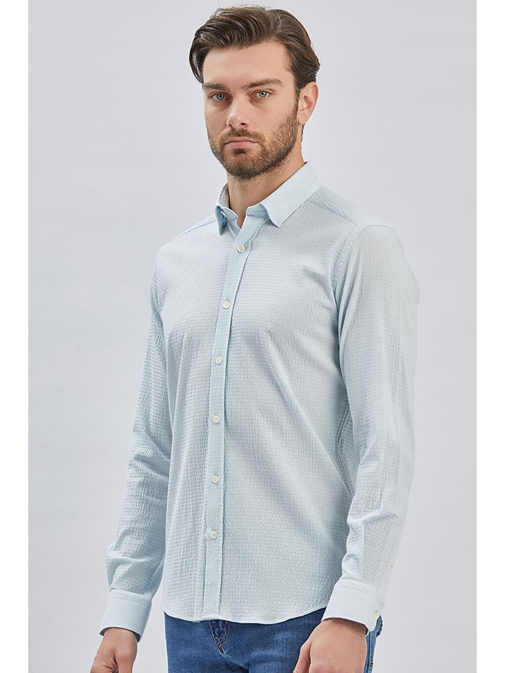 Koyu Mavi Uzun Kollu Biritli Yaka Biyeli Pamuklu Elastanlı Casual Slim Fit Gömlek 1004240232-2