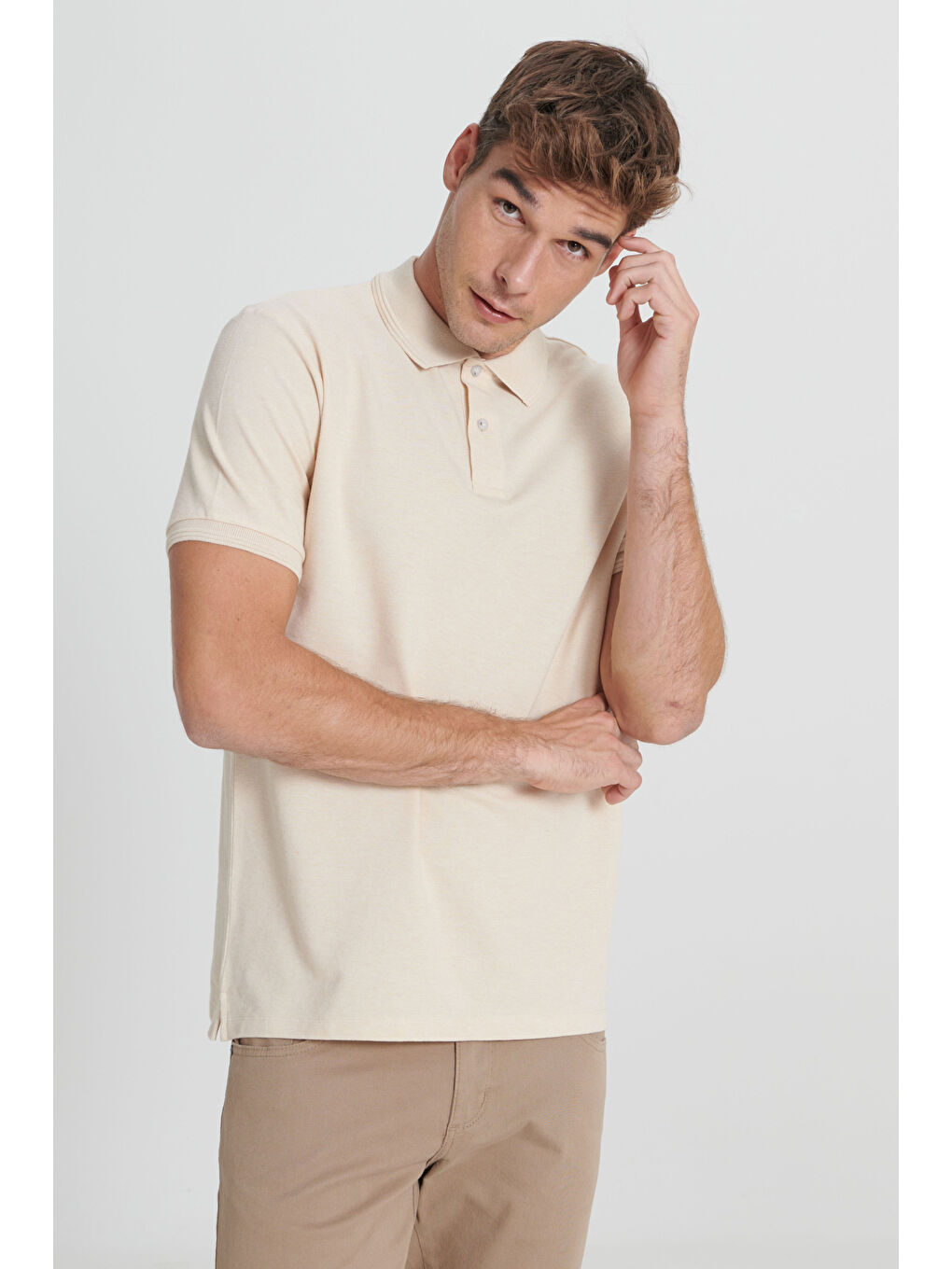 Erkek Bej-Ekru Slim Fit Dar Kesim %100 Pamuk Polo Yaka Tişört-2