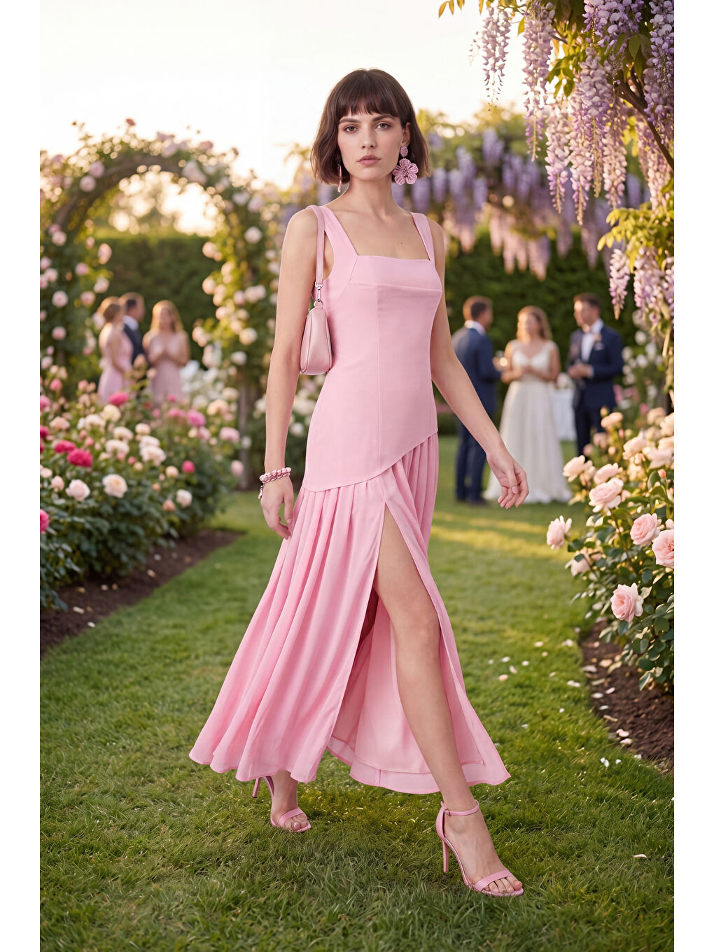 Kadın Pembe Kare Yaka Yırtmaçlı  Uzun Davet Elbisesi-3