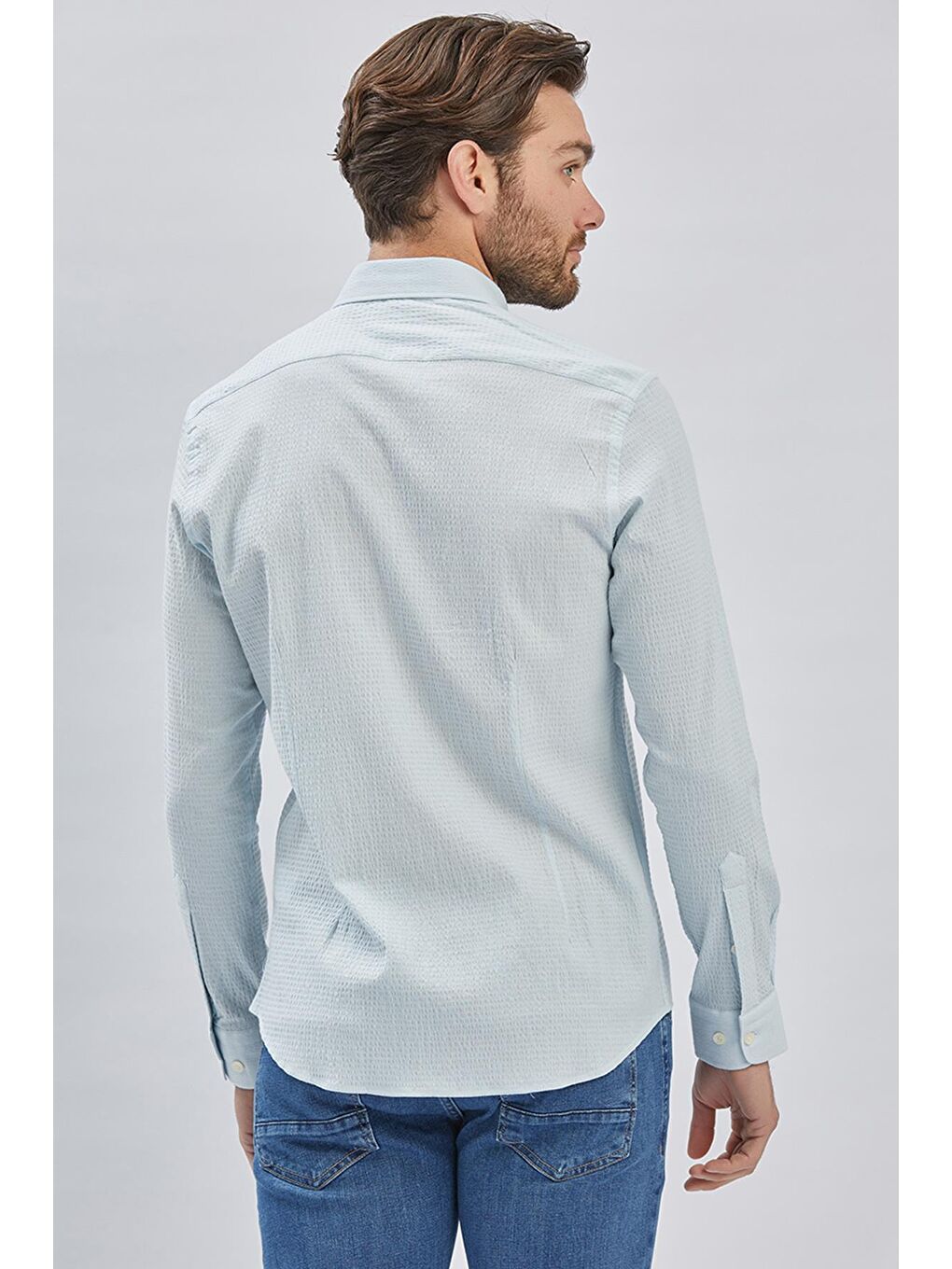 Koyu Mavi Uzun Kollu Biritli Yaka Biyeli Pamuklu Elastanlı Casual Slim Fit Gömlek 1004240232-5