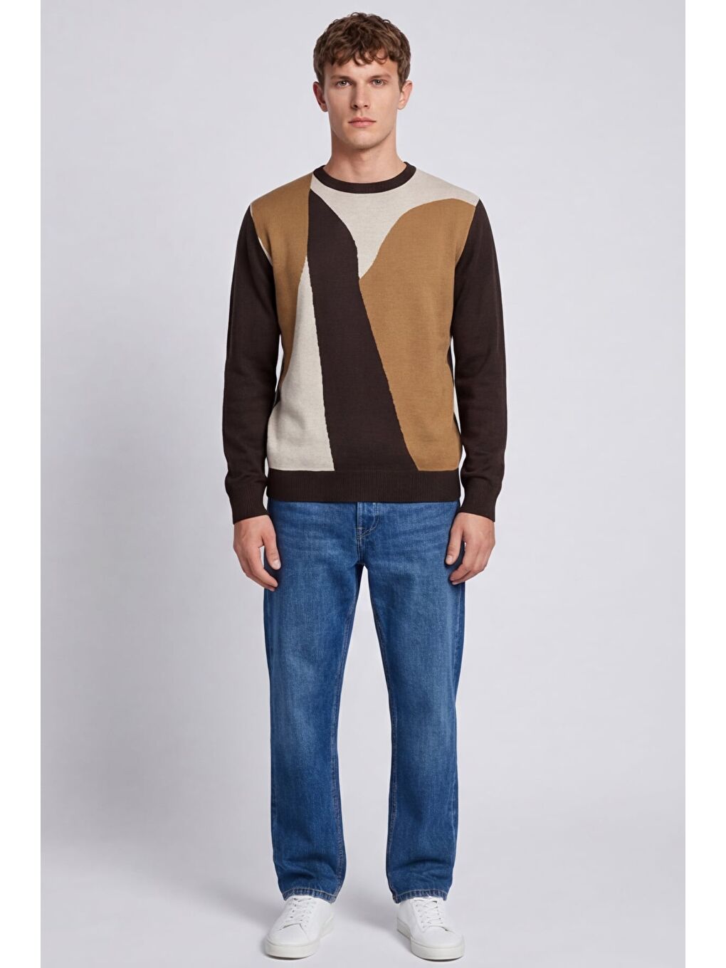 Kahverengi Erkek Kahve Normal Kesim Regular Fit Yünlü  Desenli Bisiklet Yaka Triko Kazak-1