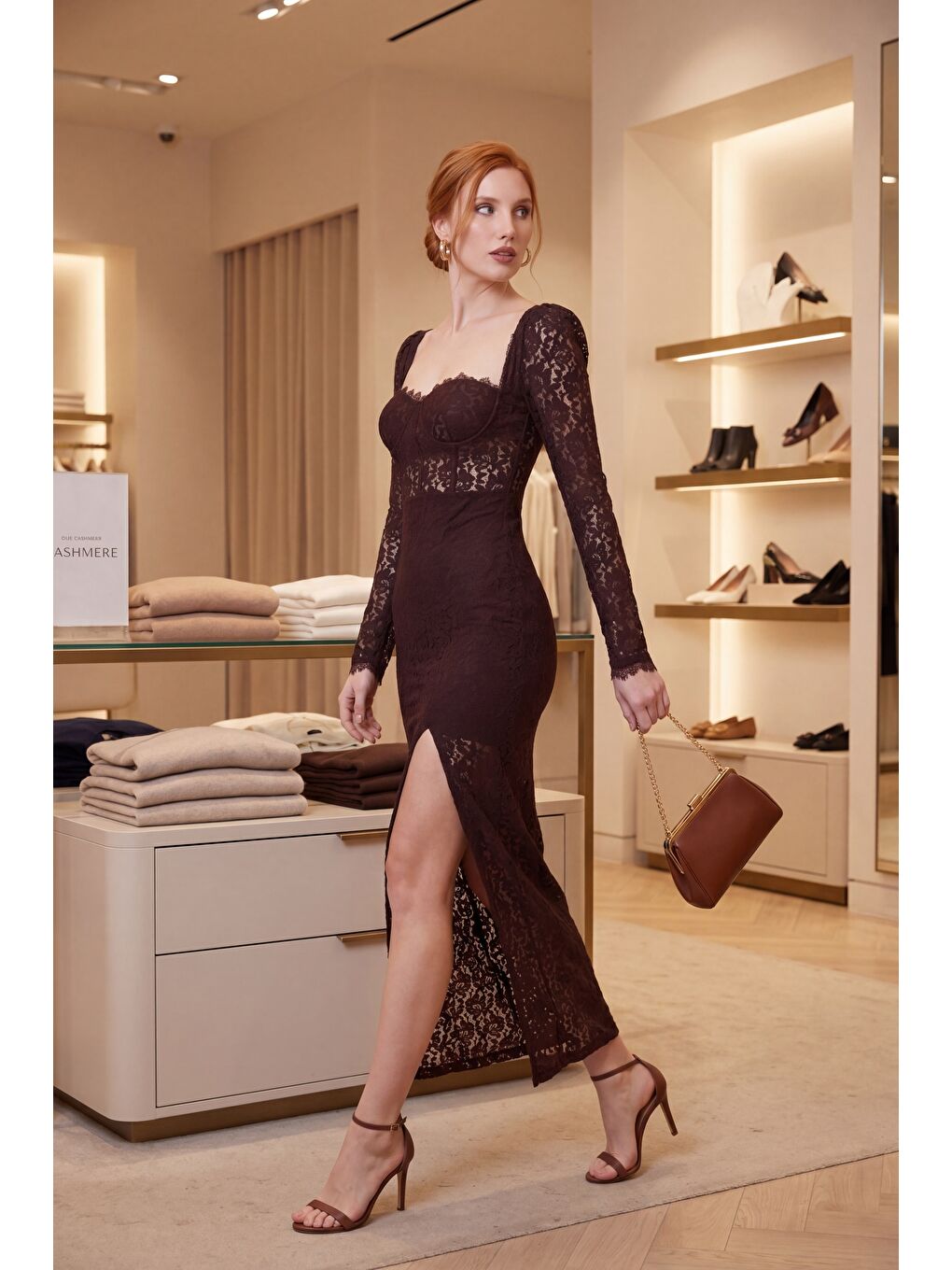 Kadın Kahverengi Dantel Detaylı Yırtmaçlı Uzun Elbise-4