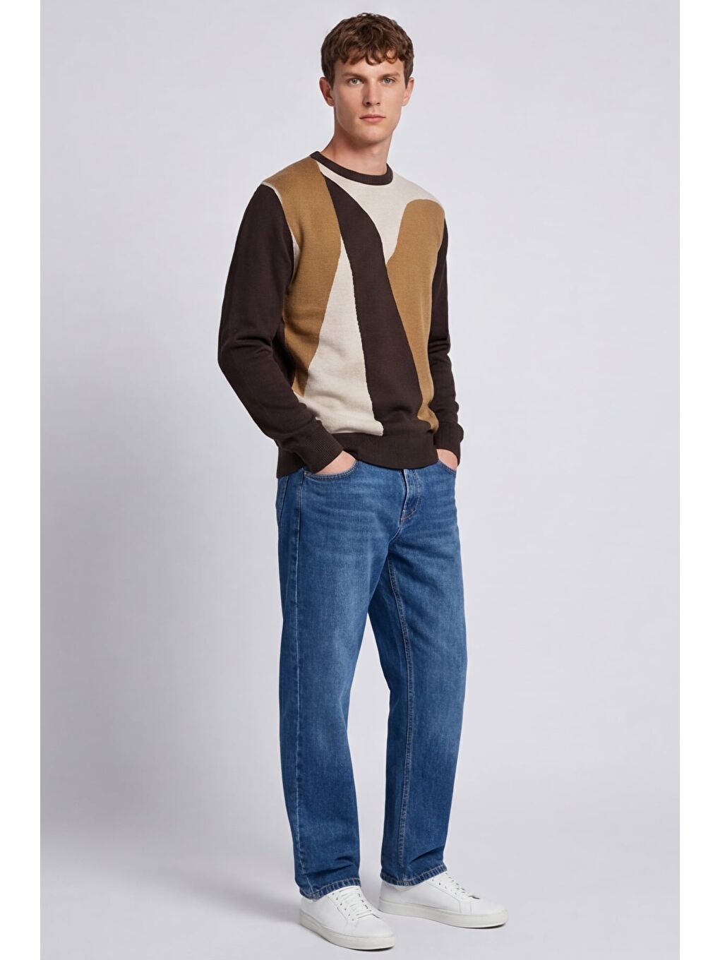 Kahverengi Erkek Kahve Normal Kesim Regular Fit Yünlü  Desenli Bisiklet Yaka Triko Kazak-2