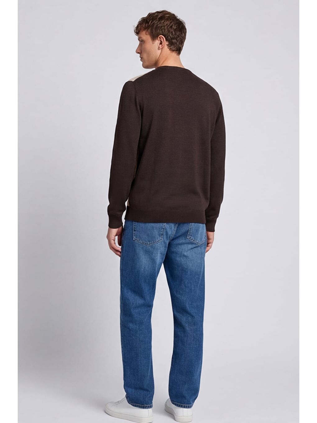 Kahverengi Erkek Kahve Normal Kesim Regular Fit Yünlü  Desenli Bisiklet Yaka Triko Kazak-3