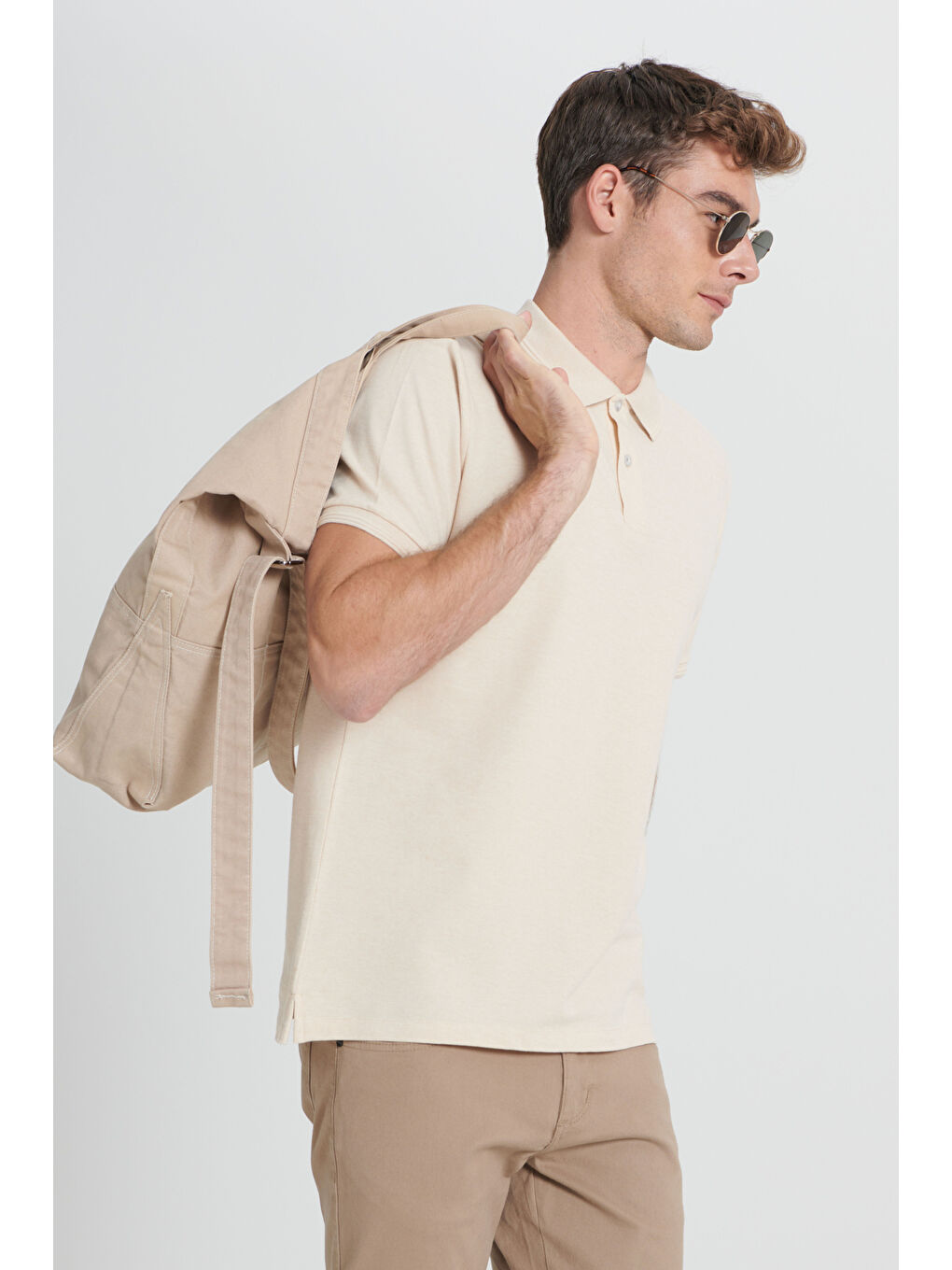 Erkek Bej-Ekru Slim Fit Dar Kesim %100 Pamuk Polo Yaka Tişört-3
