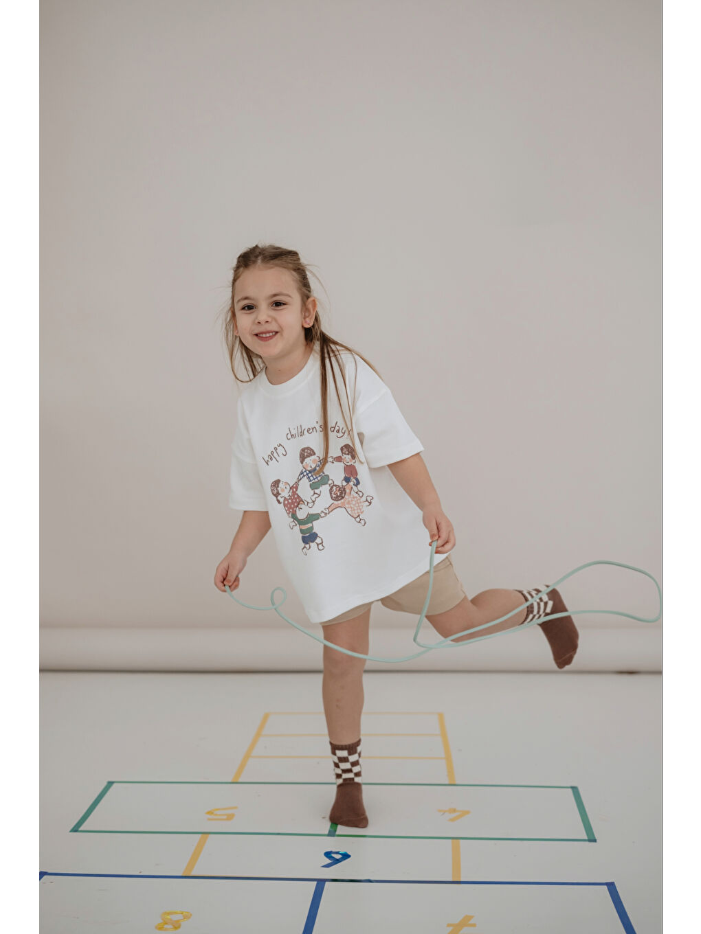 Ekru Happy Çocuk Baskılı Oversize Kısa Kollu T-shirt