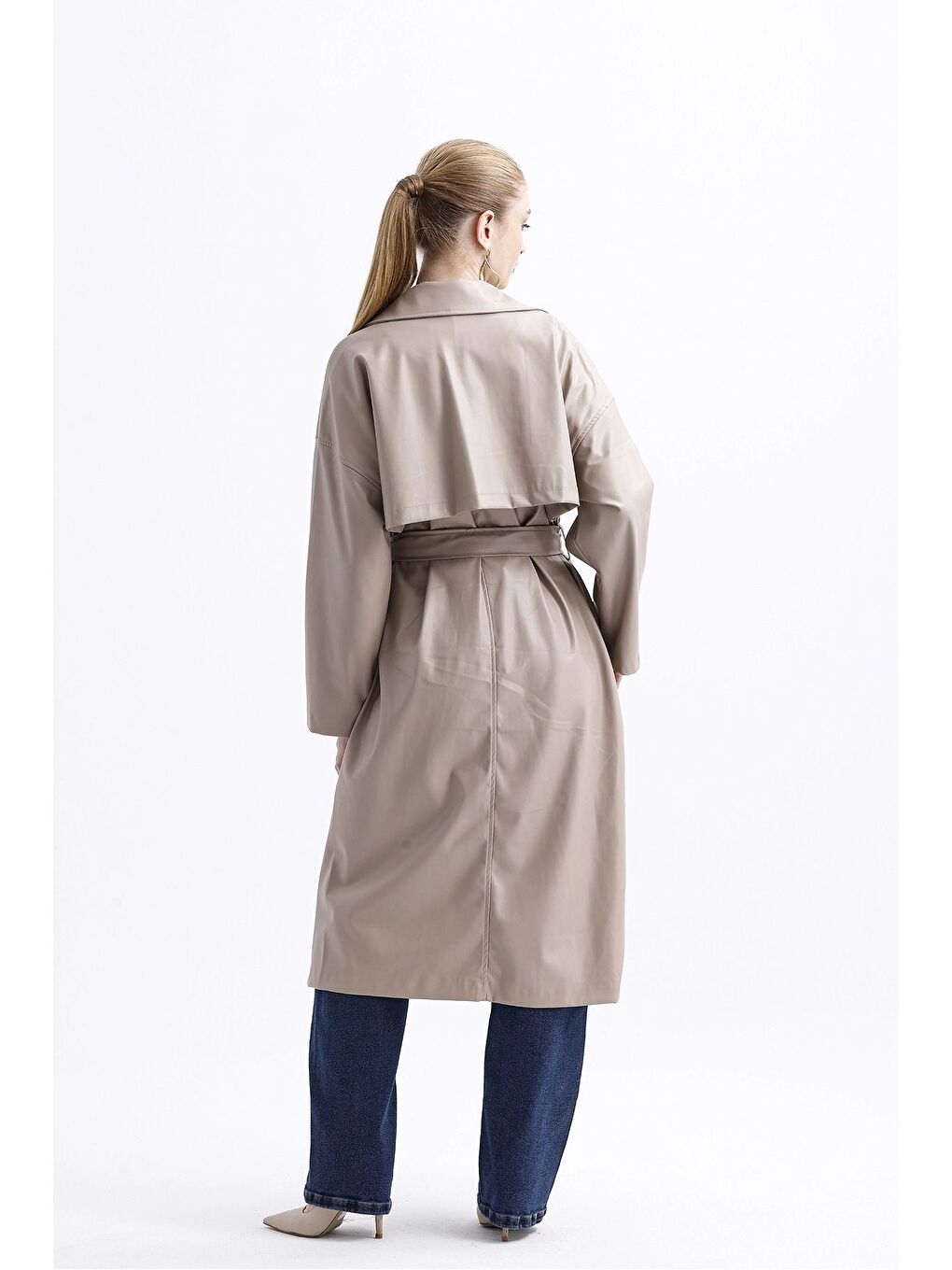 Deri Detaylı Bej Trençkot-1