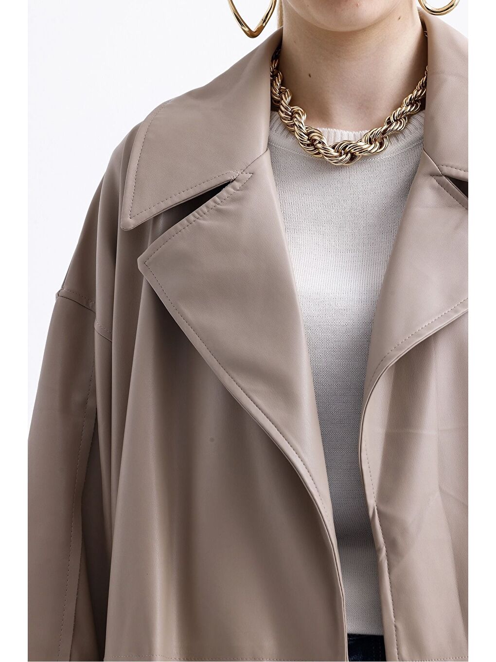 Deri Detaylı Bej Trençkot-2