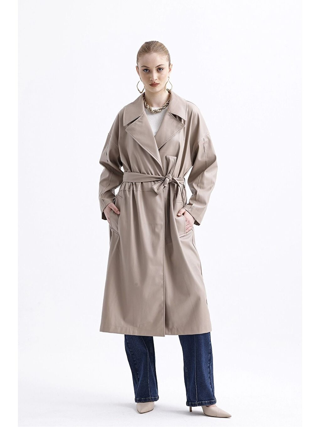 Deri Detaylı Bej Trençkot-3