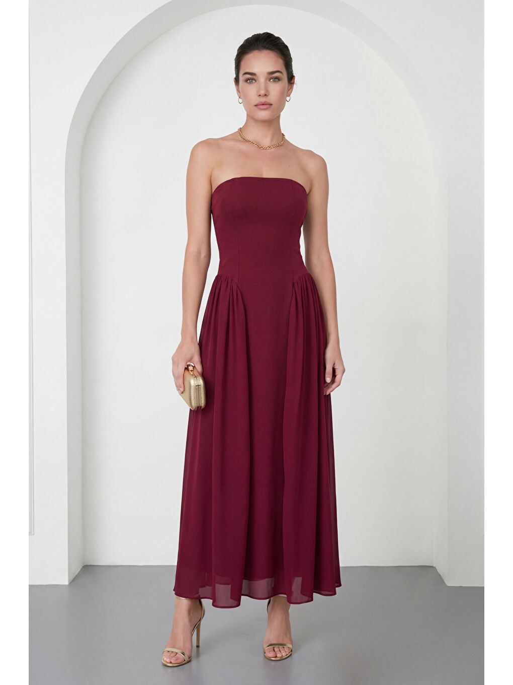 Kadın Bordo Straplez Yaka Midi Davet Elbisesi-1