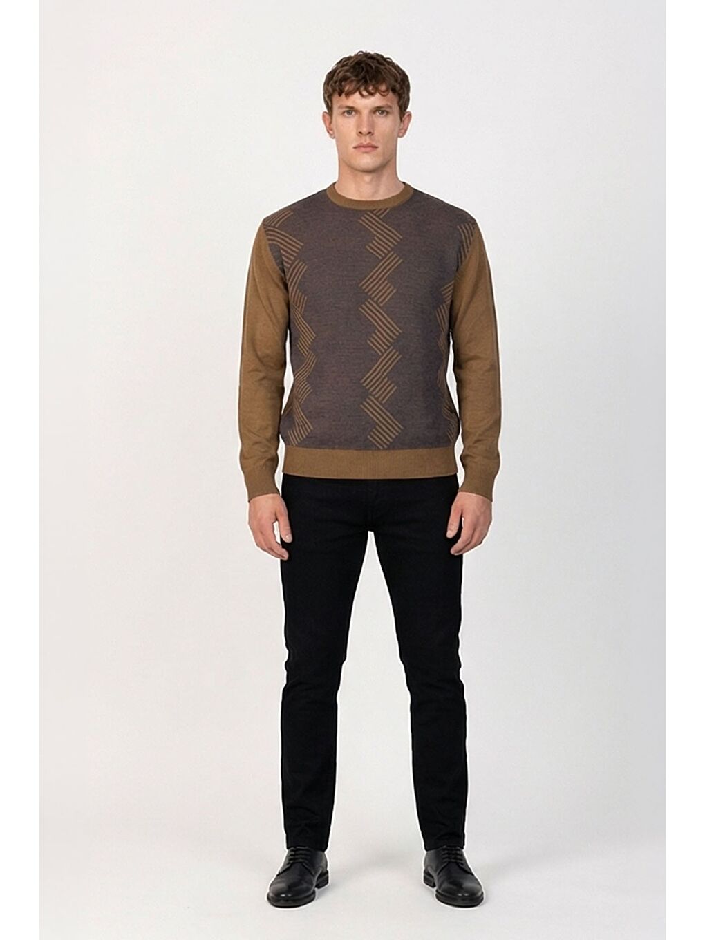 Kahverengi Erkek Kahve Normal Kesim Regular Fit Yünlü Desenli Bisiklet Yaka Triko Kazak-1