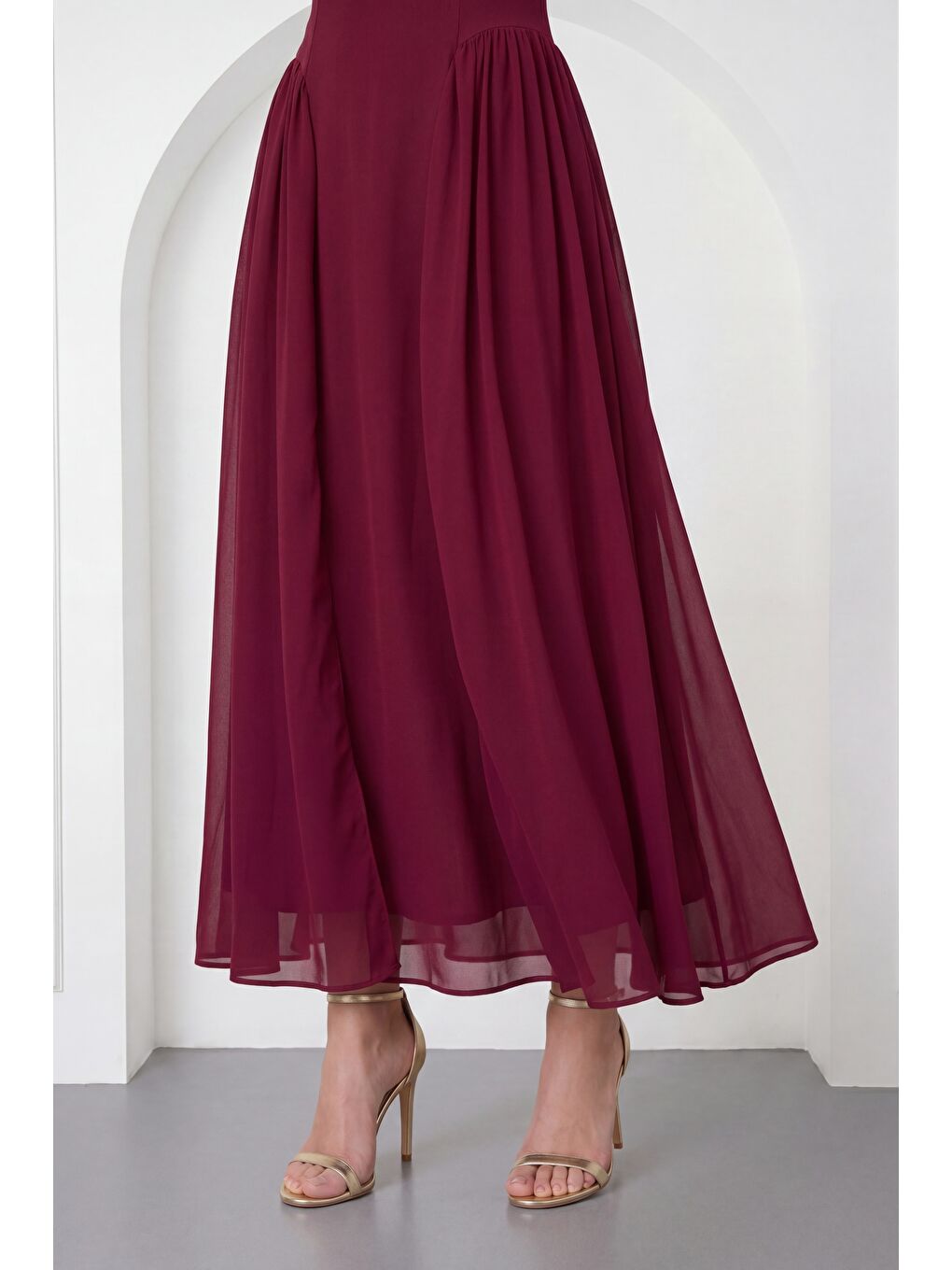 Kadın Bordo Straplez Yaka Midi Davet Elbisesi-2