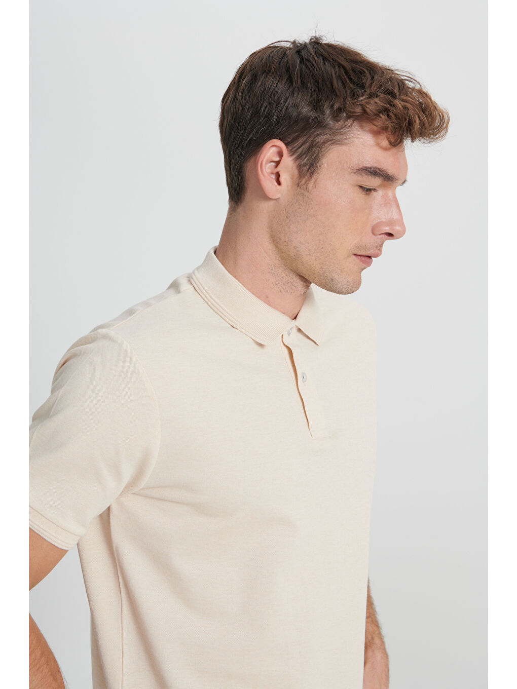 Erkek Bej-Ekru Slim Fit Dar Kesim %100 Pamuk Polo Yaka Tişört-4